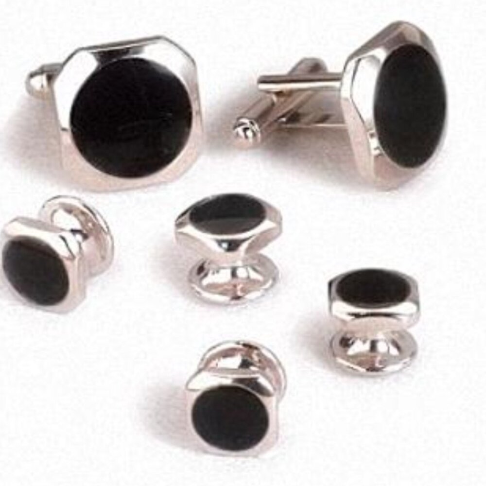 Soft Square Rhodium Setting with Round Jet Black Center Cufflinks and Studs